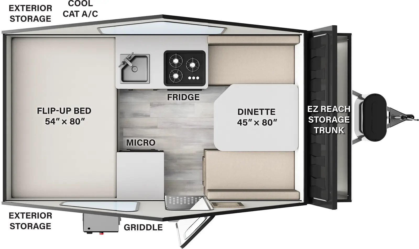 The T12RBST has no slide outs and one entry door. Exterior features include a griddle on the door side, EZ reach storage trunk, and exterior storage. Interior layout from front to back: a dinette in the front; cook top stove with a sink and a refrigerator; microwave cabinet; flip-up bed with a cool cat air conditioner in the rear.